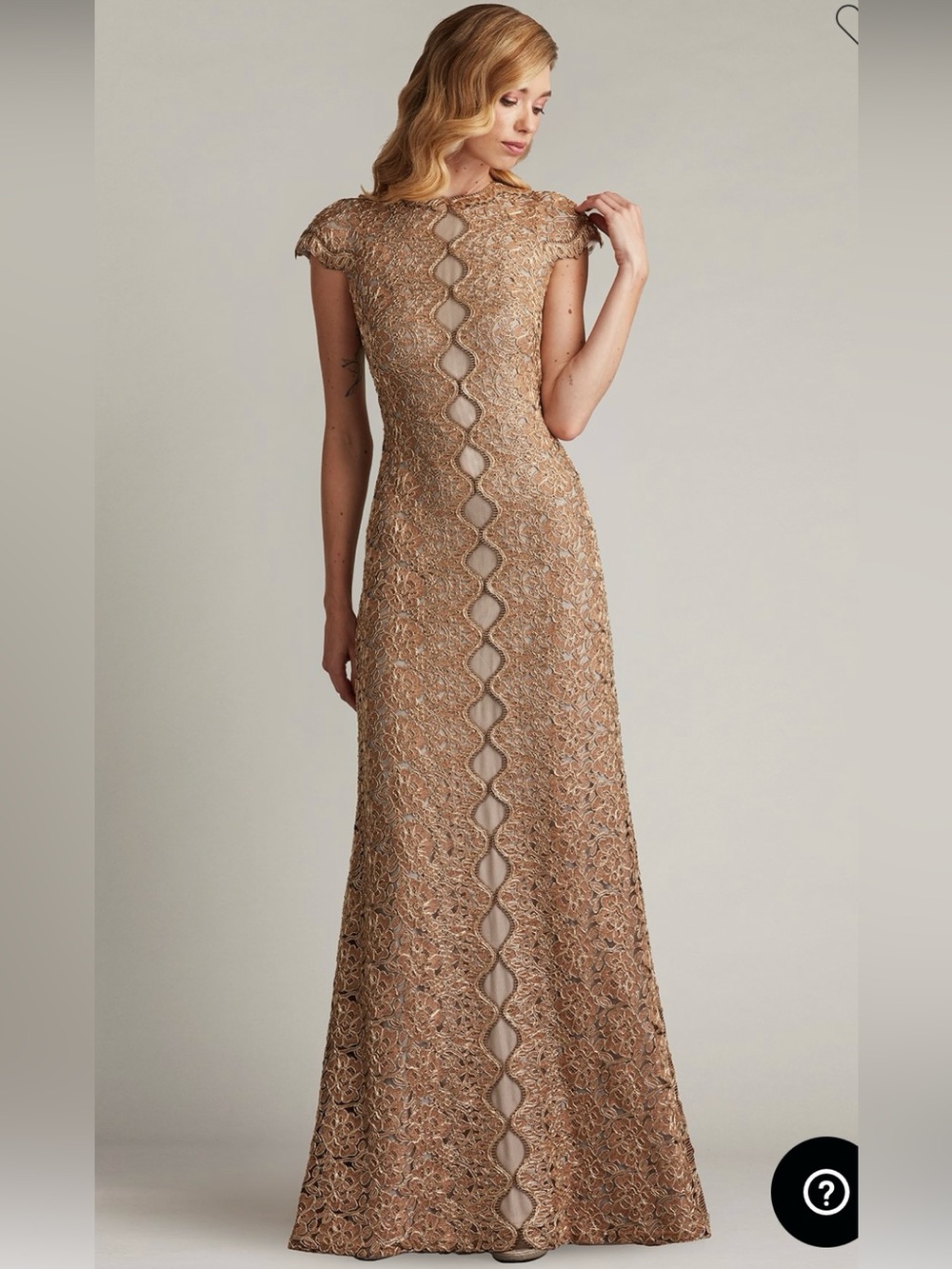 Tadashi Shoji Champagne Lace Maxi Gown with Scalloped Placket